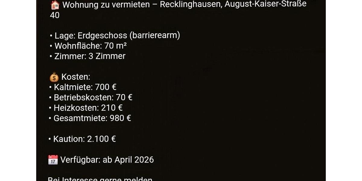 Hochparterre Recklinghausen Grullbad - 3 Zimmer, 70 m&sup2;, 980&euro; | Angebot:25613695