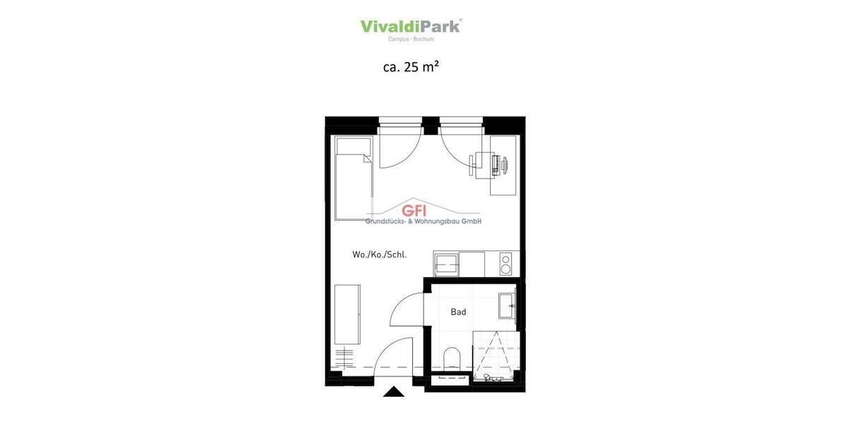 Etagenwohnung Bochum Laer - 1 Zimmer, 27 m&sup2;, 490&euro; | Angebot:23509182