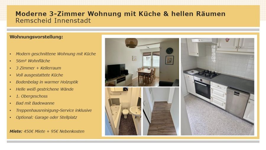Remscheid InnenstadtHelle 3-Zimmer Wohnung mit Küche Hell und modern geschnitten
