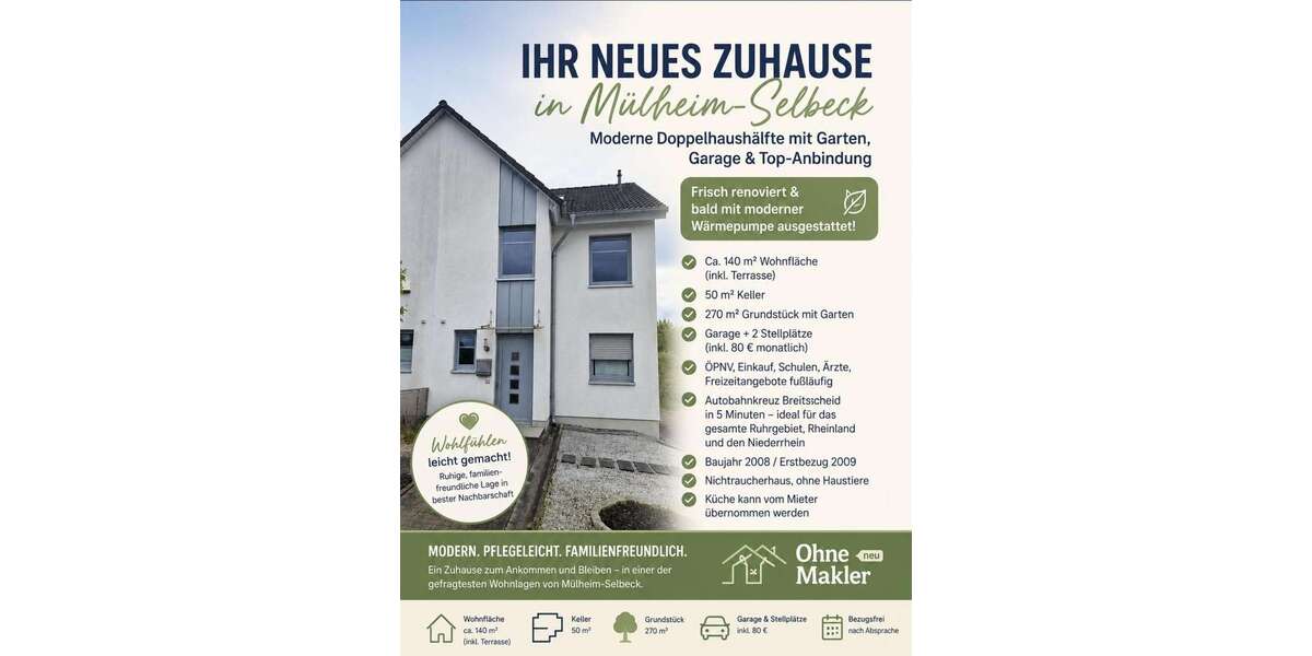 Einfamilienhaus Mülheim an der Ruhr Linksruhr - 4 Zimmer, 140 m&sup2;, 2.240&euro; | Angebot:26732505