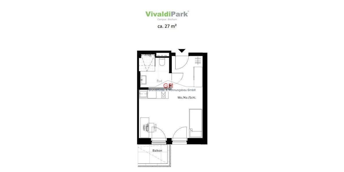 Etagenwohnung Bochum Laer - 1 Zimmer, 27 m&sup2;, 490&euro; | Angebot:23509182