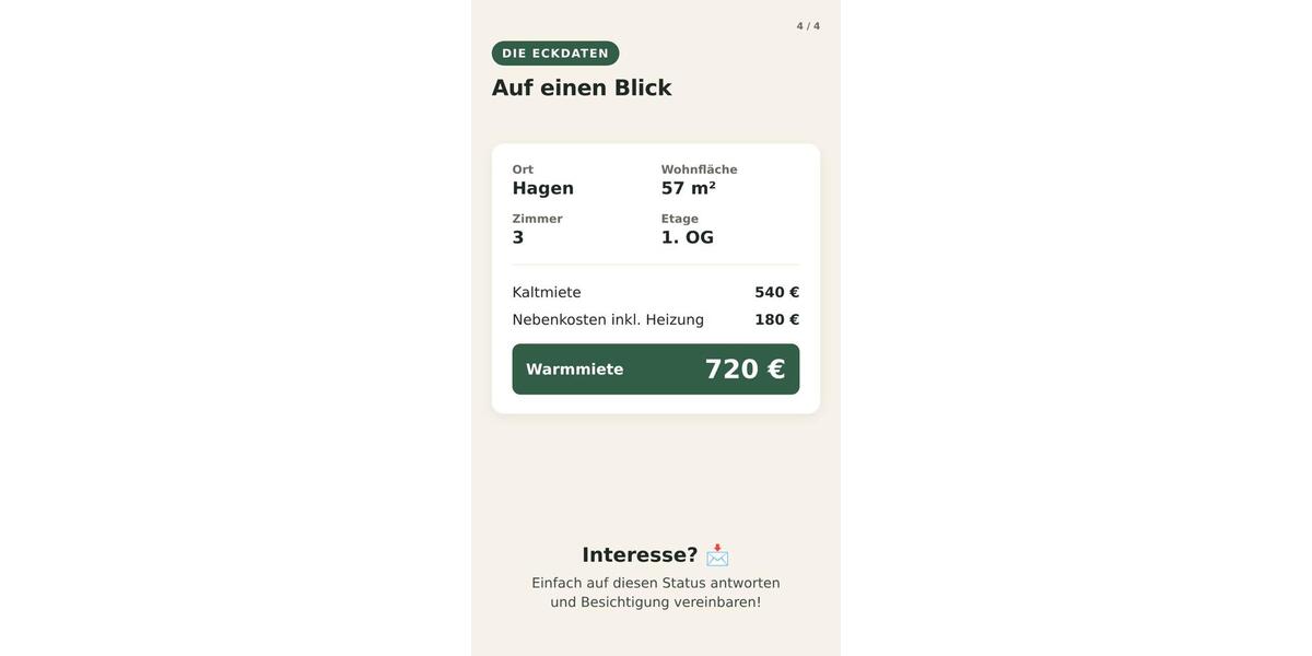 Etagenwohnung Hagen Dahl - 3 Zimmer, 57 m&sup2;, 540&euro; | Angebot:27600485