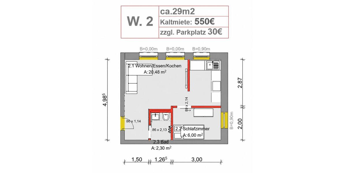 Etagenwohnung Dortmund Grevel - 1 Zimmer, 29 m&sup2;, 500&euro; | Angebot:27553980
